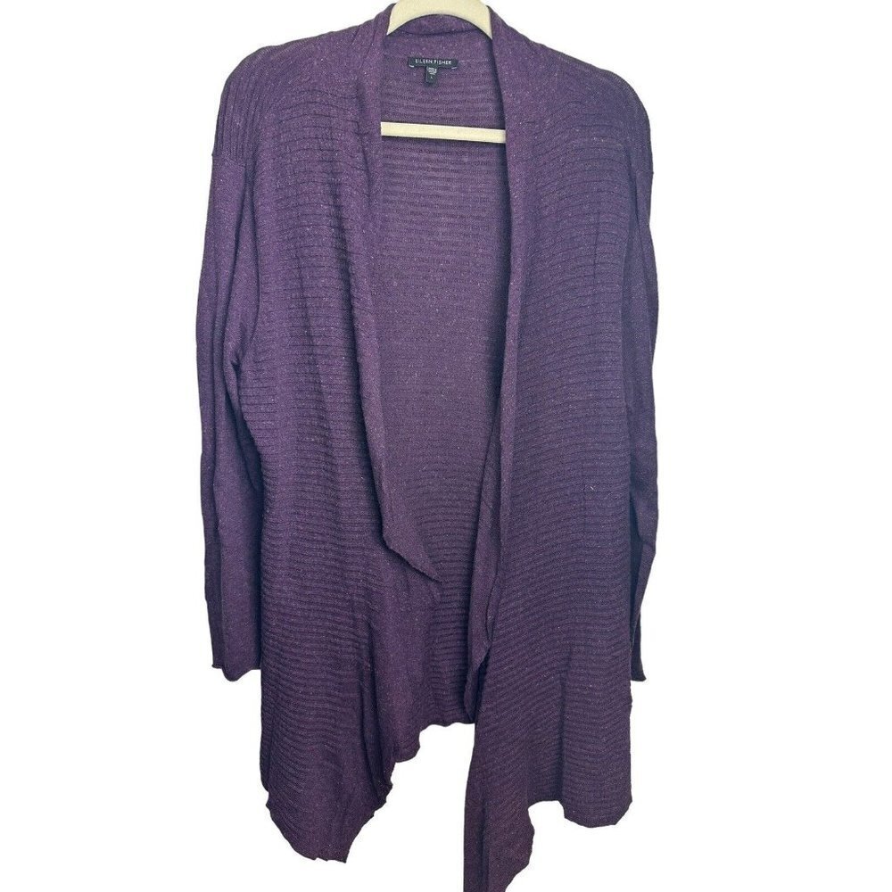 Eileen Fisher Cotton Linen Blend Ribbed Open Front Cardigan Sweater Sz L‎ Purple